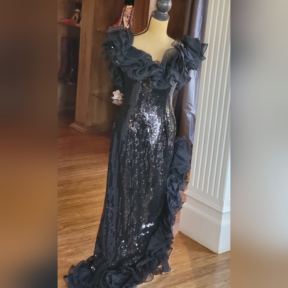 Alyce Designs Vintage 80s Black Sequined Full-Length Dress Size 12 - Picture 11 of 14
